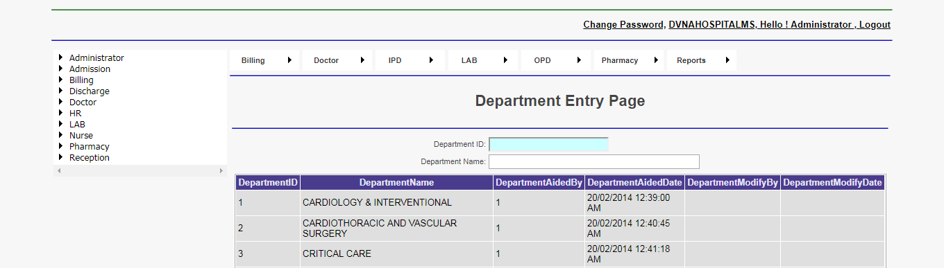 DVNA Hospital Management Software Department Entry Page